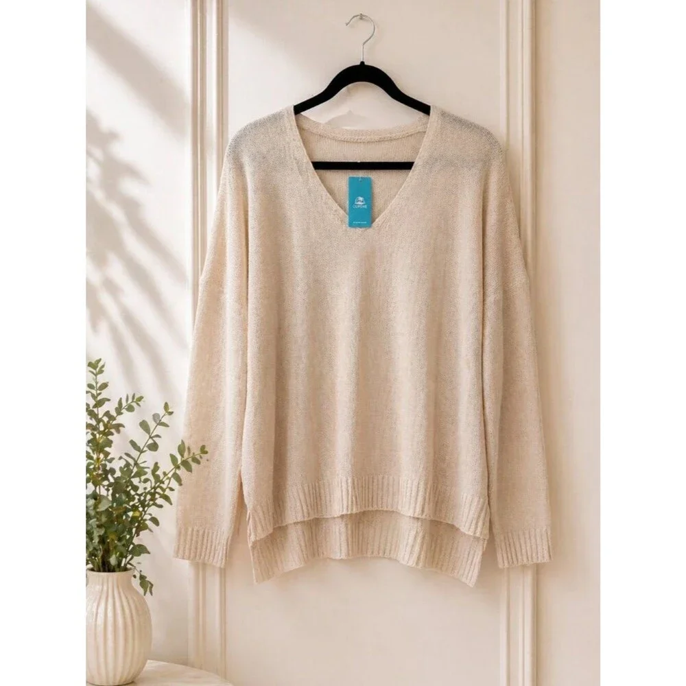 Cupshe Cream Knit Sweater NWT Size XL Lightweight V-Neck Relaxed Fit Neutral